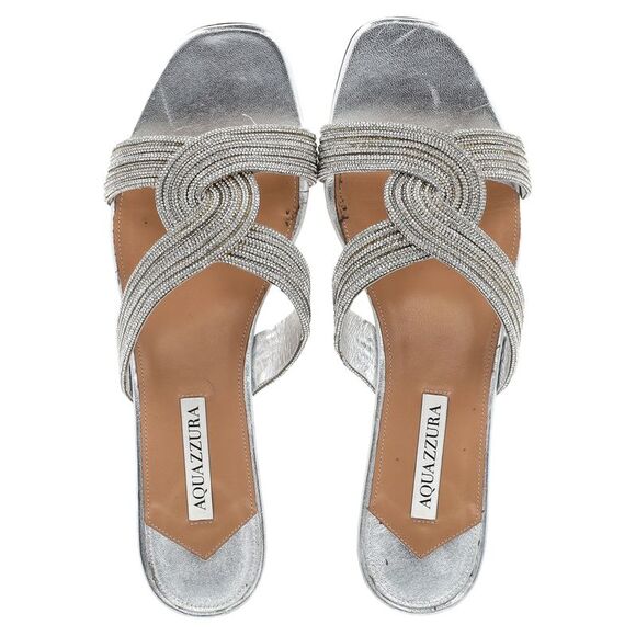 Aquazzura Gatsby Flat Sandals in Silver Leather